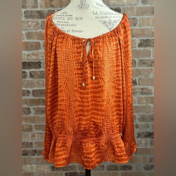Michael kors burnt orange animal print silky blouson top drop waist peasant s 1x - Picture 1 of 10